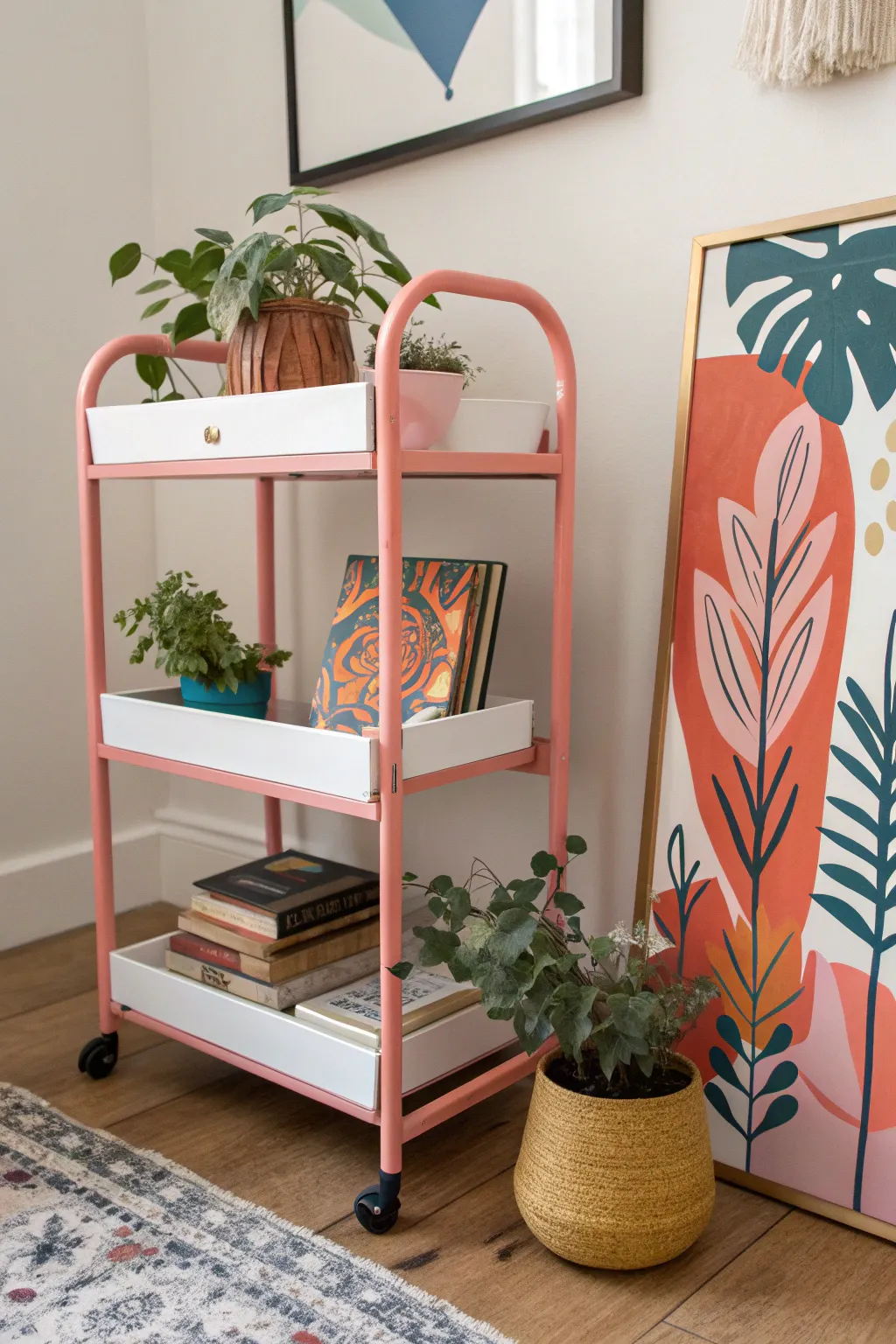 Transform your book cart into a masterpiece of artistic expression, blending Scandinavian minimalism with Boho flair.