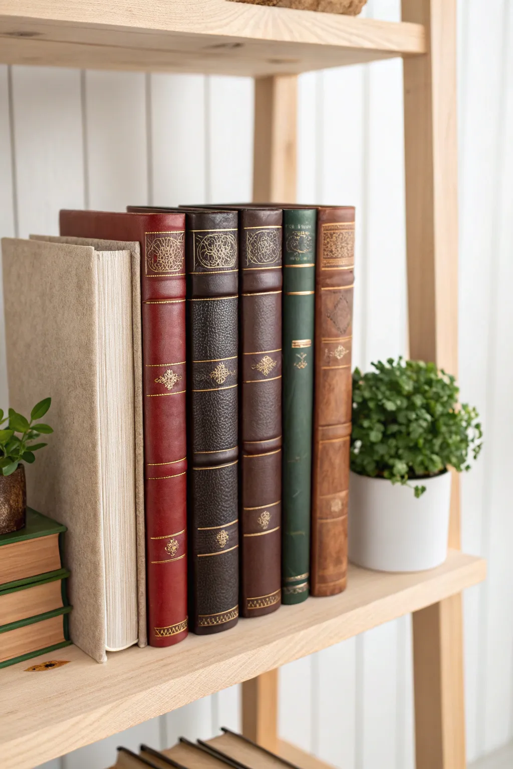 Dive into a world where texture tells a story—mix and match your book spines for a captivating shelf display.