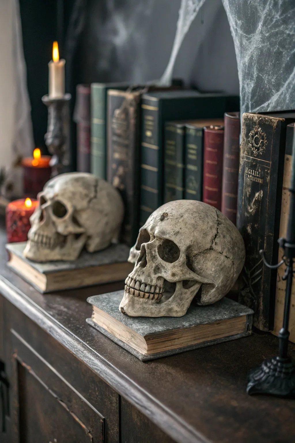 Make a bold statement with concrete skull bookends.