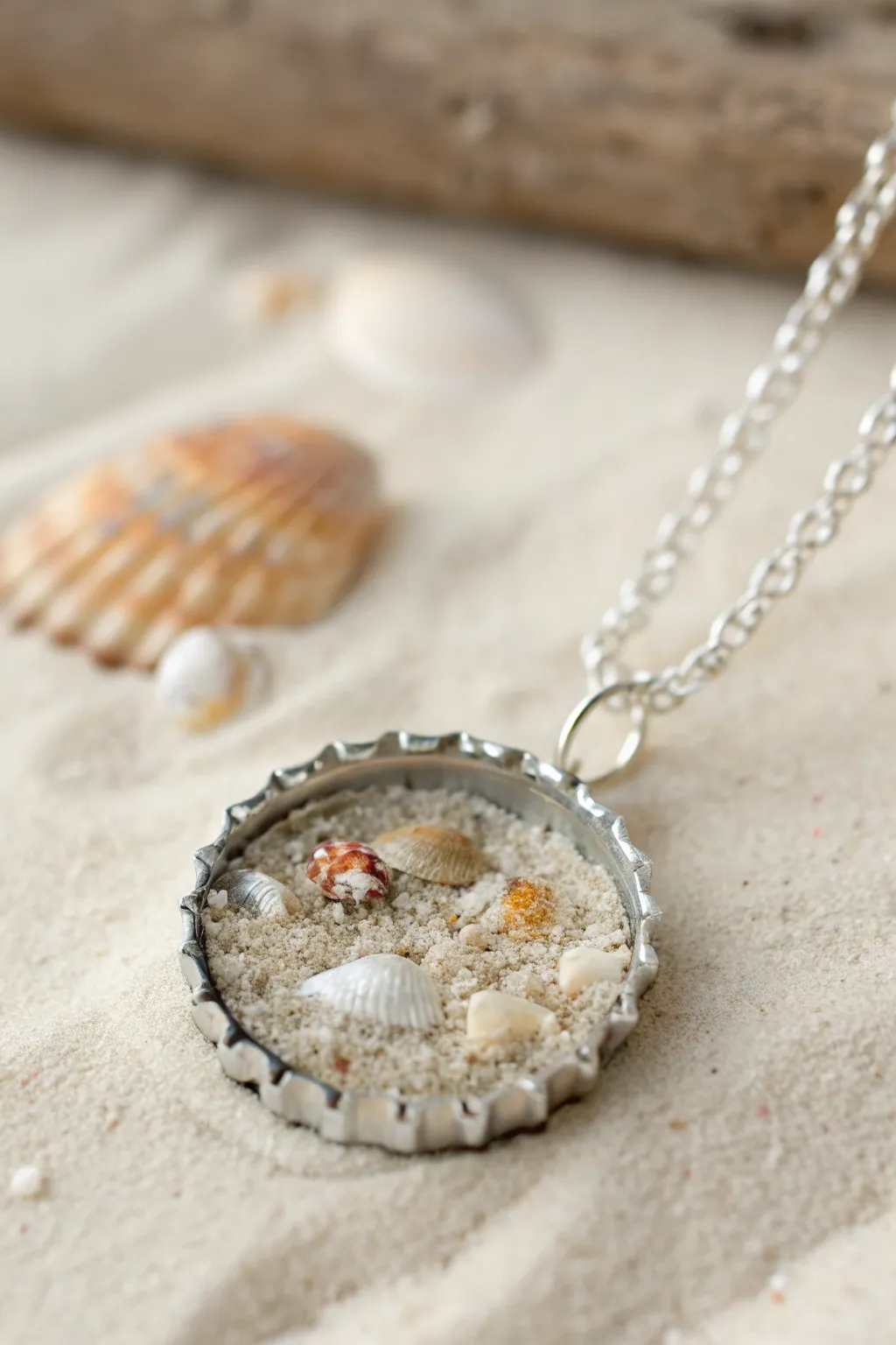 Carry the beach with you: A delicate blend of shells and sand in a chic bottle cap pendant.