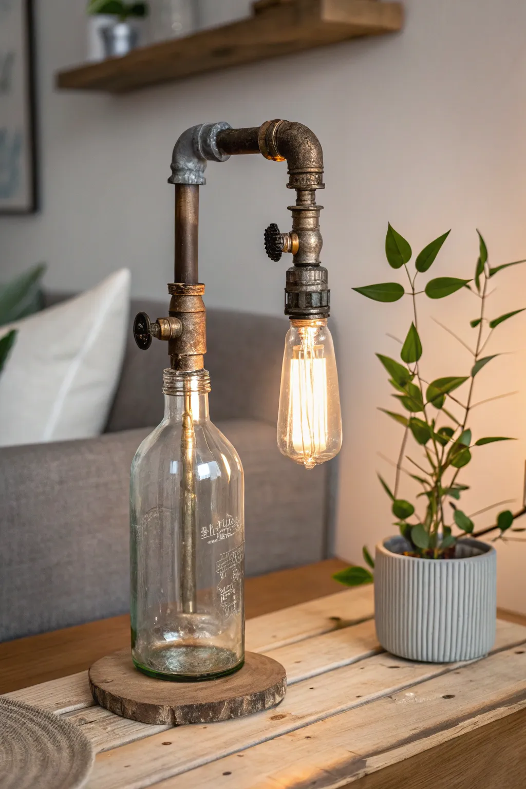 Illuminate your space with industrial elegance—where rugged meets refined in this stunning bottle lamp creation.