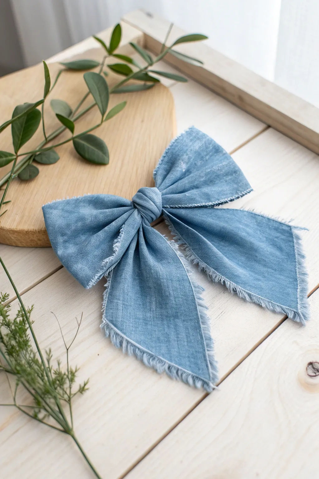 Embrace effortless style with this chic denim bow, perfect for adding a touch of boho charm to your hair.