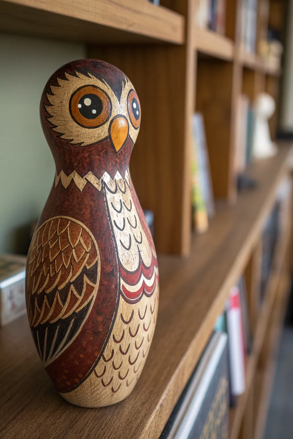 Wise and whimsical: a handcrafted bowling pin owl adds charm and character to any space.