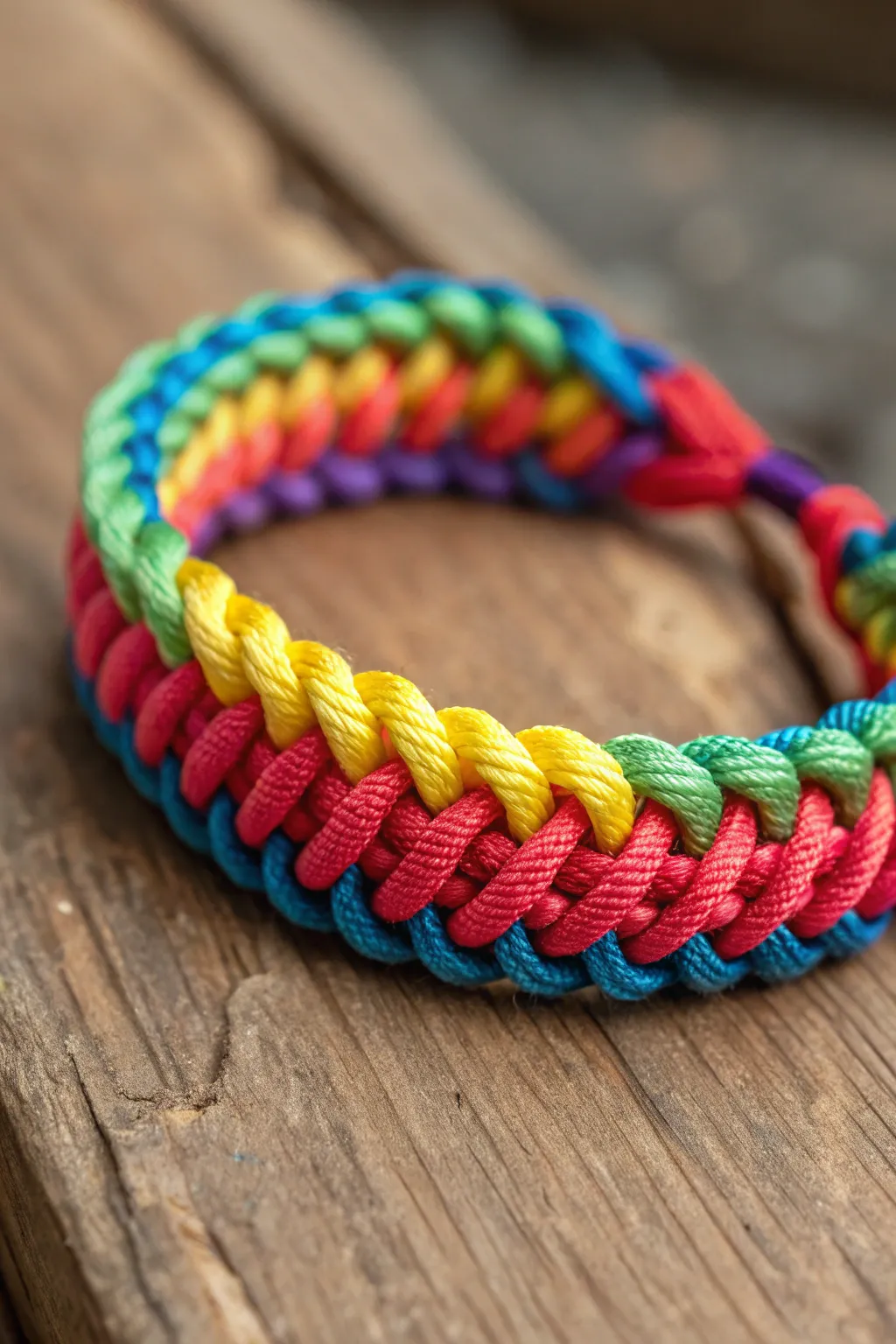 Bold and Brilliant: This handcrafted rainbow nylon cord bracelet adds a splash of color with a touch of craftsmanship.