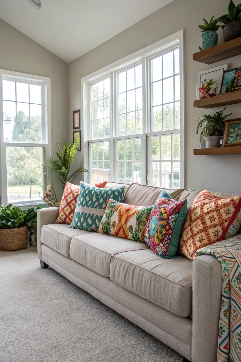 Colorful and patterned throw pillows add personality to the living room.