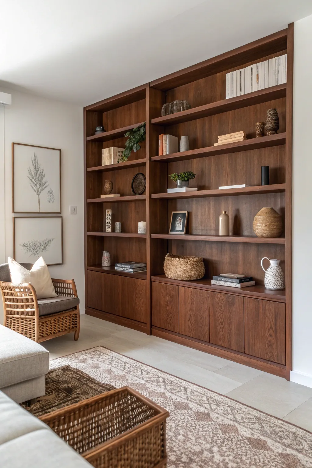 Transform your space with a stunning feature wall of brown-painted shelves, where simplicity meets elegance.