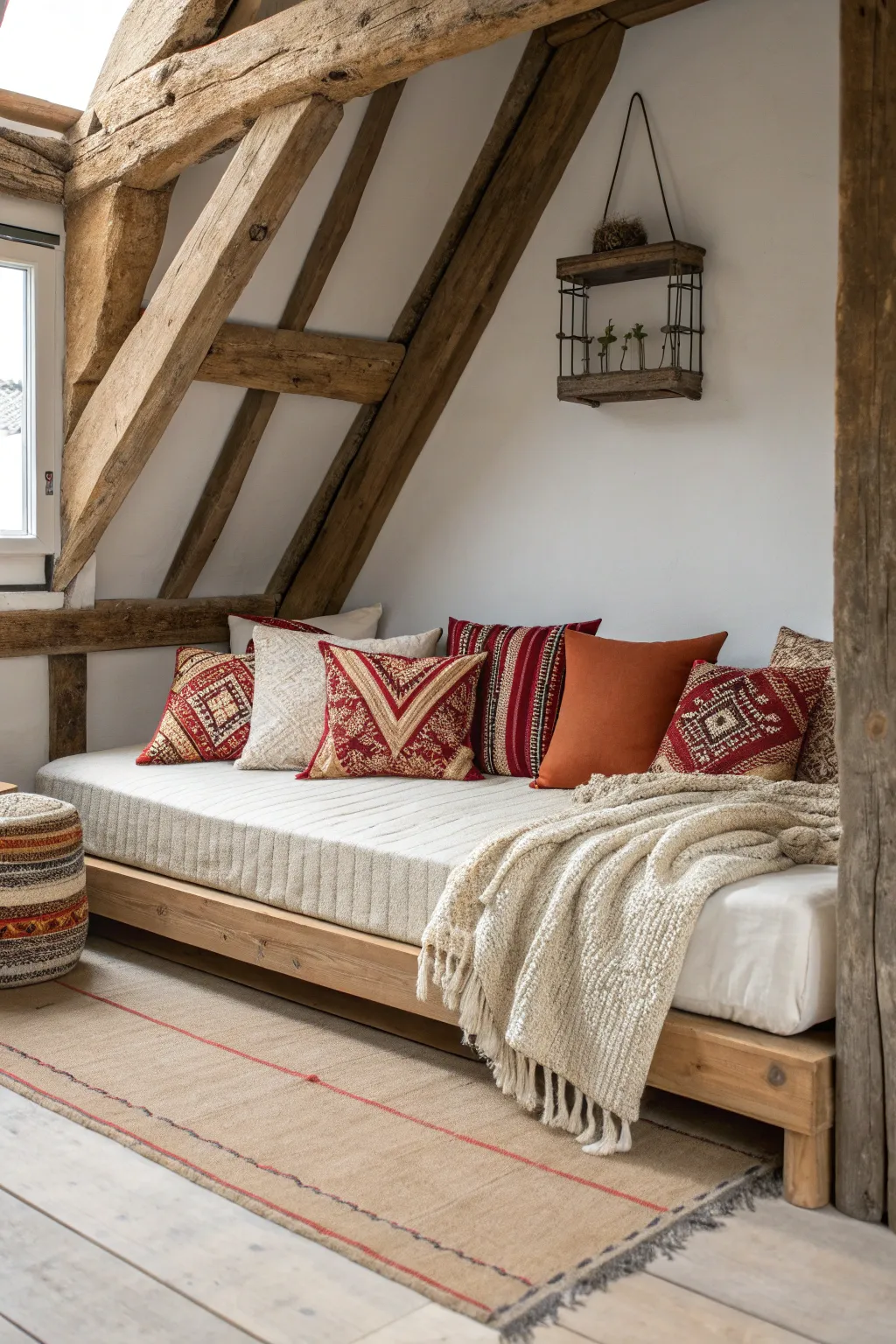 Transform your loft with a cozy daybed under rustic exposed beams for a perfect blend of minimalist style and bohemian charm.