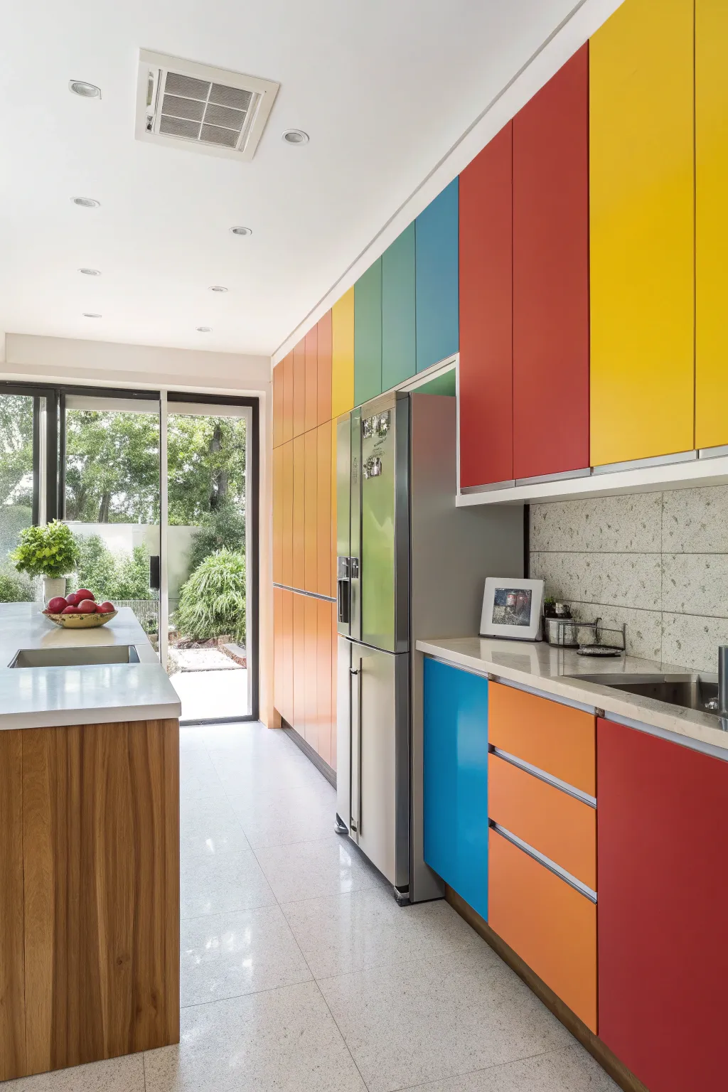 Color blocking around the built-in fridge adds a playful and bold touch.