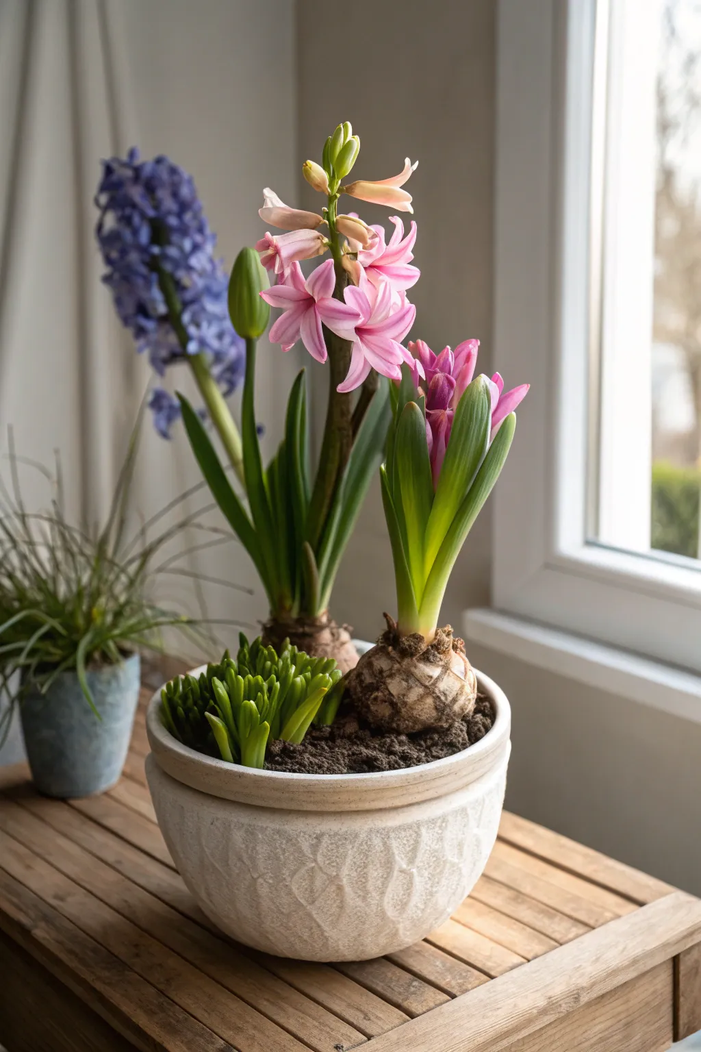 Experience the beauty and aroma of a bulb lasagna with scented hyacinths and lilies - a serene blend of nature and craftsmanship.