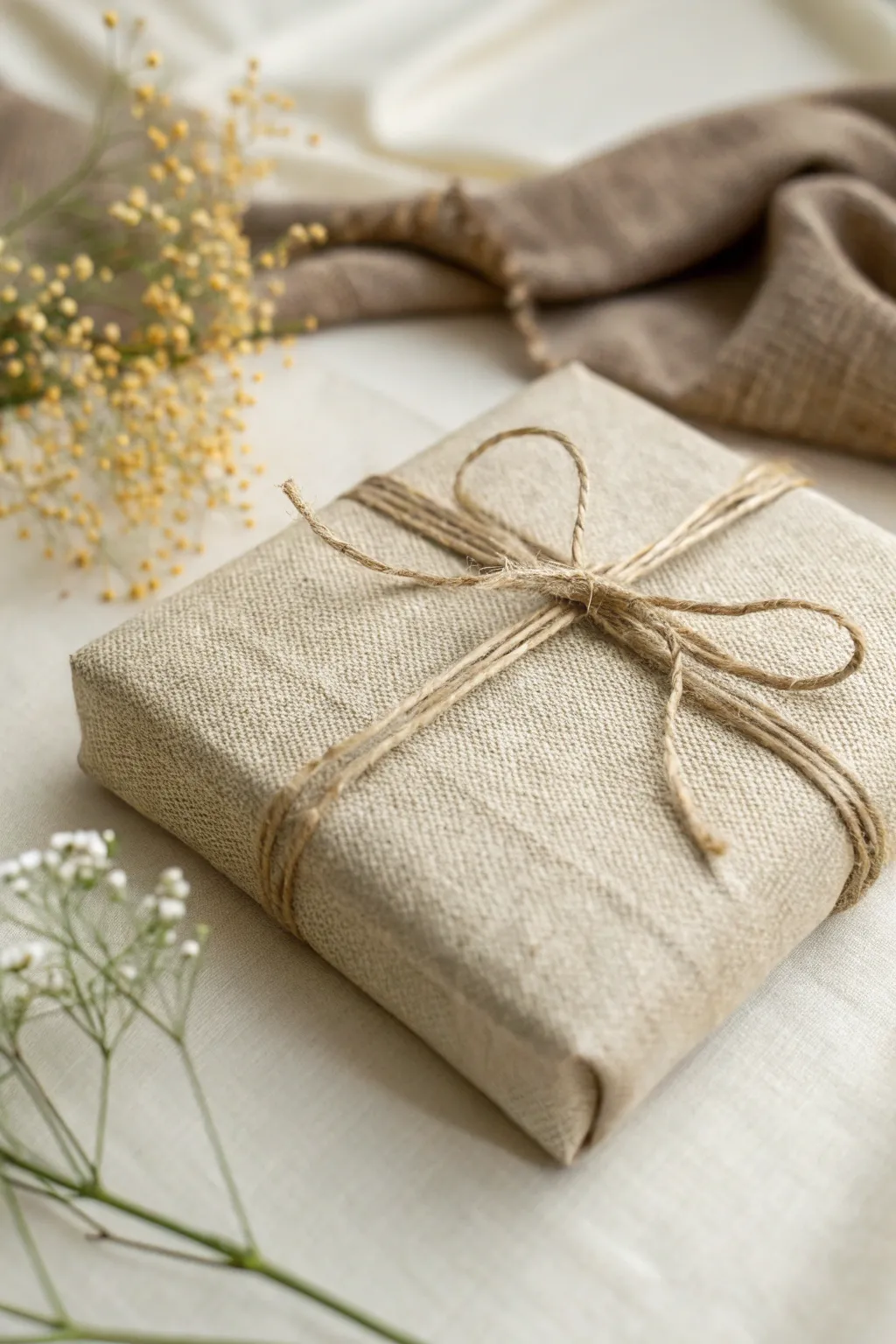 Embrace simplicity with a rustic touch: Burlap gift wrap elegance.