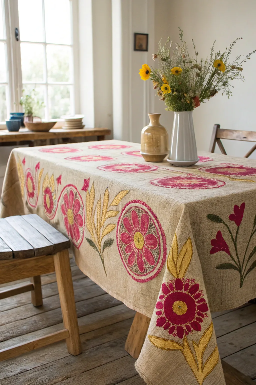 Elevate your table setting with a burlap tablecloth and a splash of unexpected color.