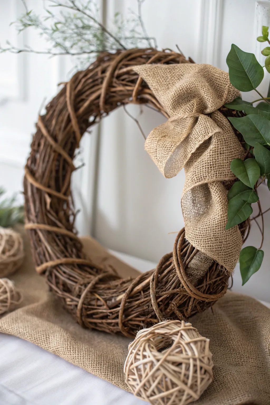 Embrace natural beauty with this grapevine and burlap wreath fusion.