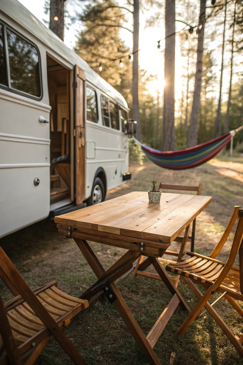 Transform your bus into an outdoor oasis with a handcrafted fold-out table, perfect for alfresco dining in nature.