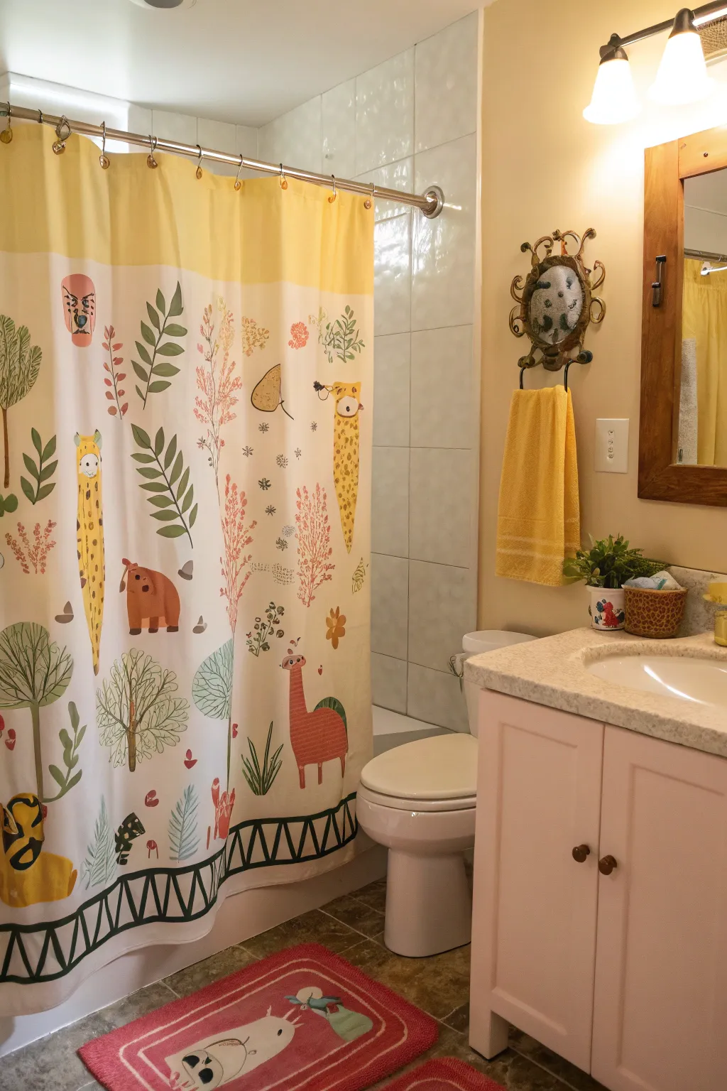 A whimsical animal motif shower curtain for a playful touch.