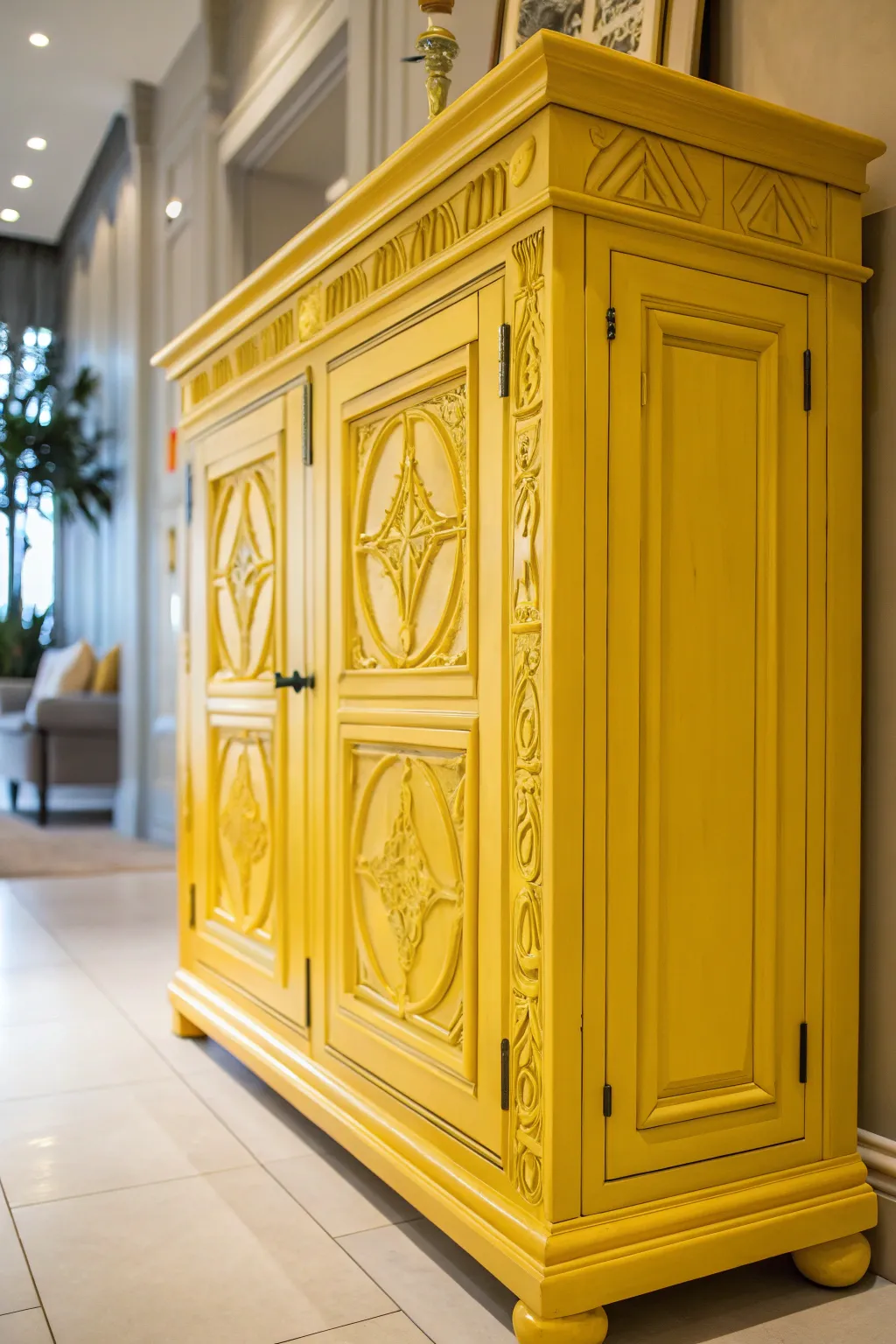 Elevate your space with craftsmanship and color: A vibrant yellow cabinet that makes a lasting impression.