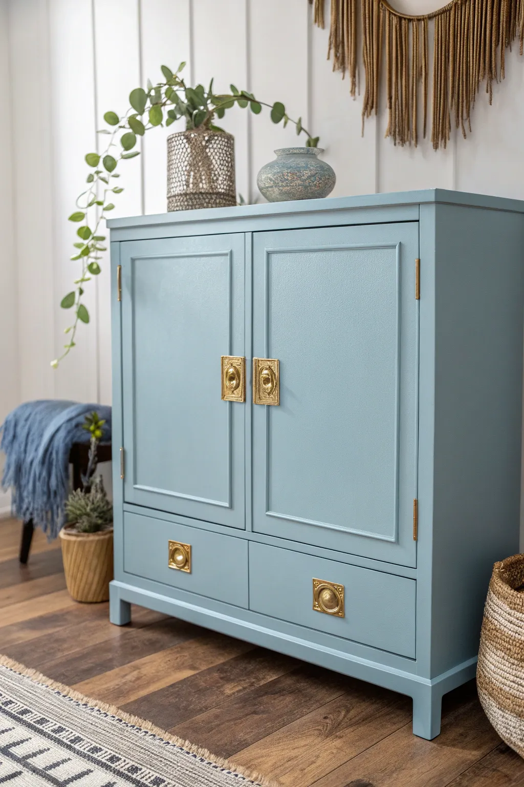 Transform your space with soft blue hues and bold brass accents for a chic and modern touch.