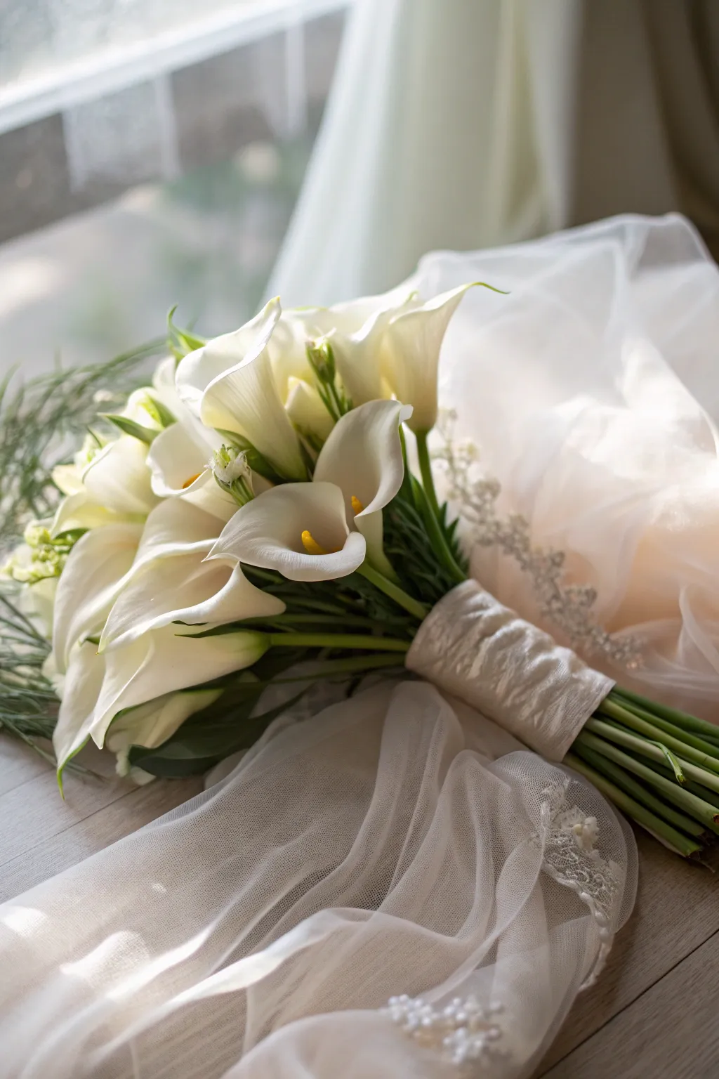 Ethereal beauty with a romantic calla lily bouquet.