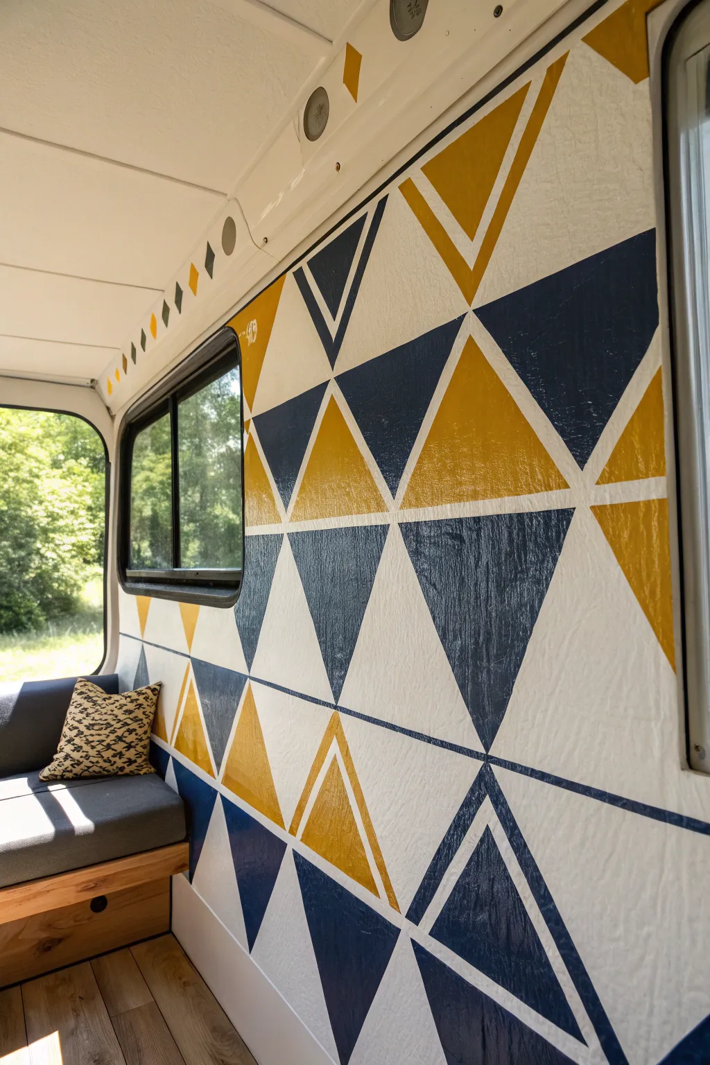 Transform your RV interior with bold geometric designs – a stylish touch of craftsmanship.