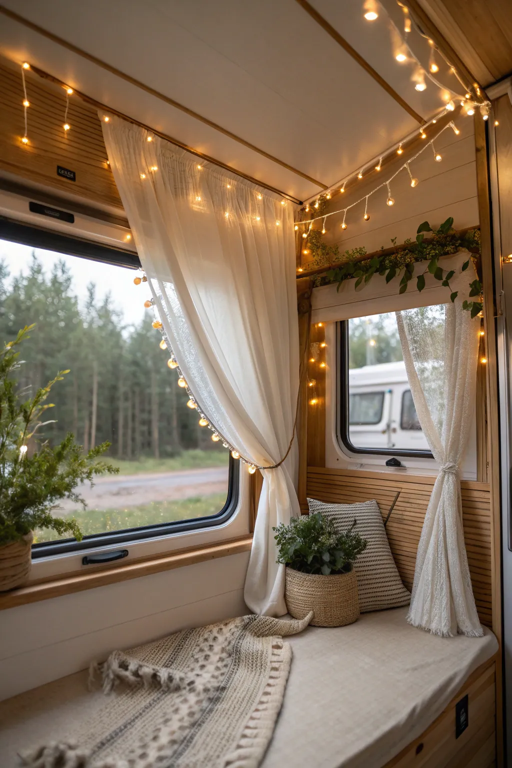 Transform your camper into a cozy haven with elegant rope lights for the perfect evening ambiance.