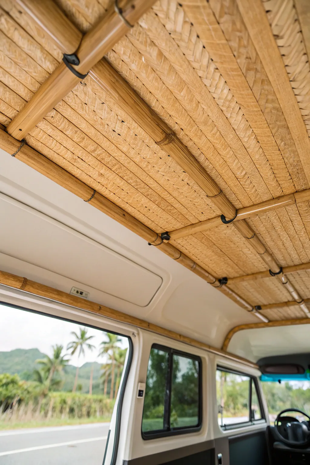 Elevate your campervan with the serene elegance of bamboo panels, where craftsmanship meets tranquility.