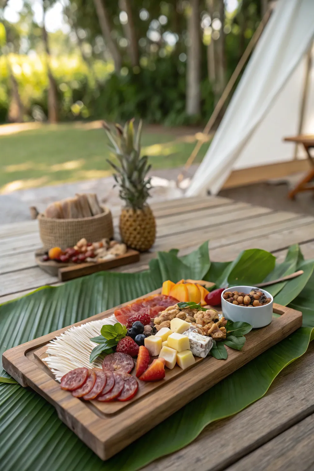 Elevate your outdoor dining with an eco-friendly charcuterie board, where nature meets elegance. 🌿🧀 #CampingCuisine #EcoChic