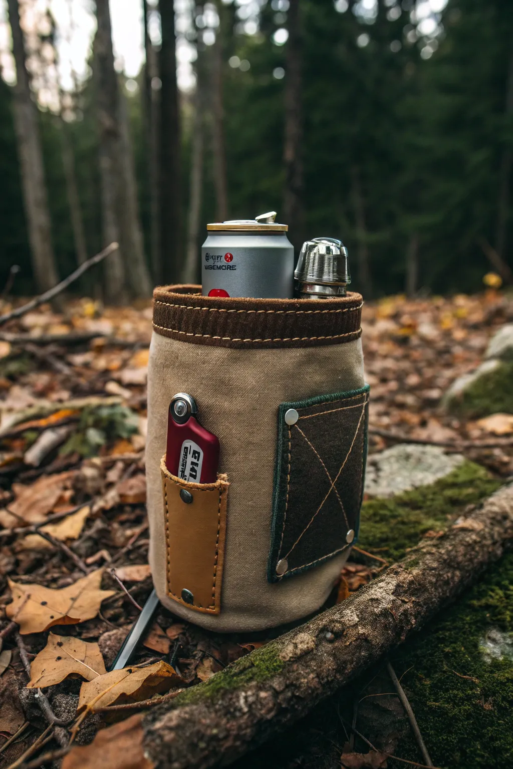 Keep your essentials close with this rugged patch pocket koozie - perfect for the avid camper.