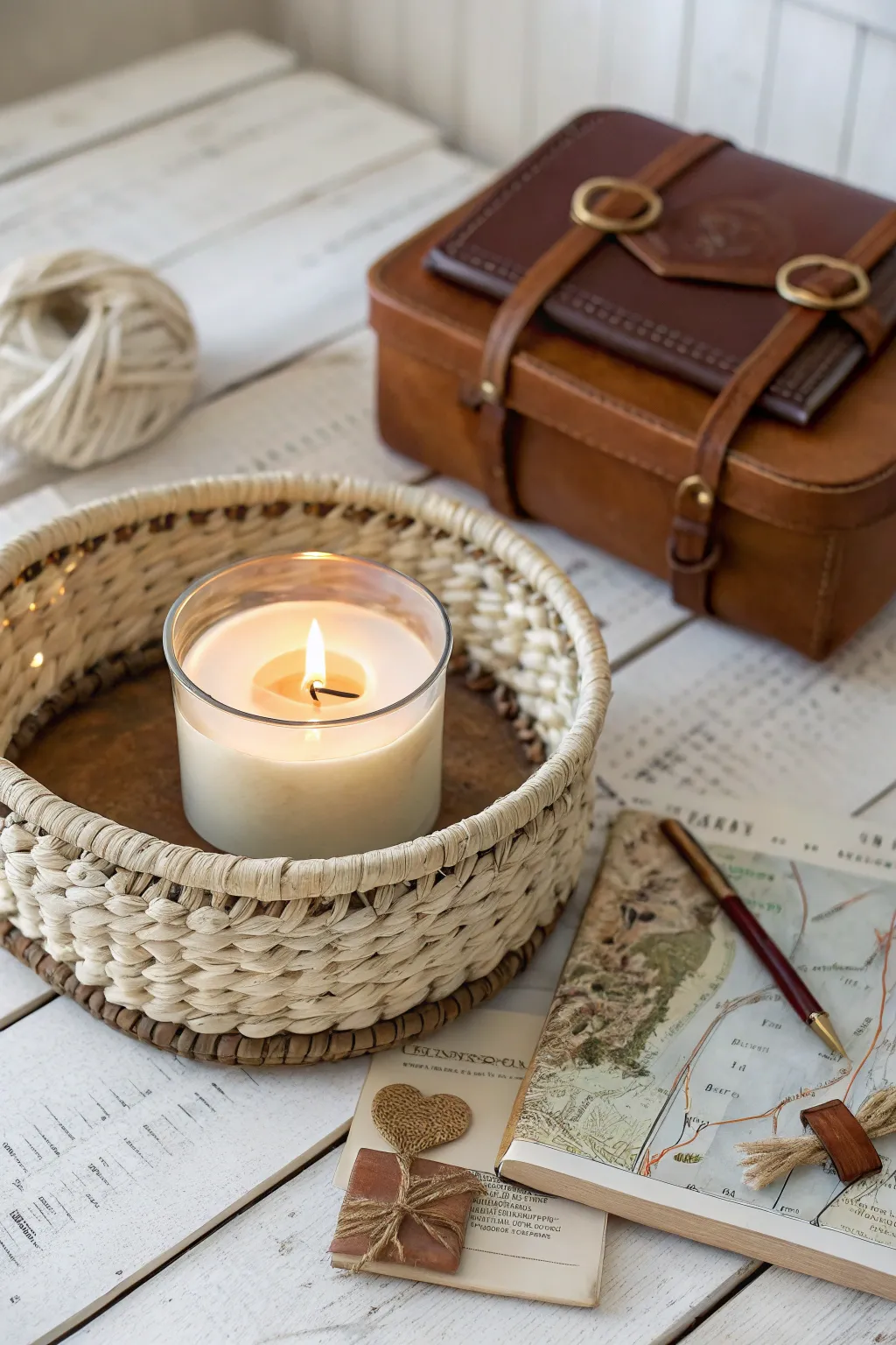 Ignite your adventurous spirit with the warm glow of a campfire-scented candle, nestled in a minimalist basket of wanderlust essentials.