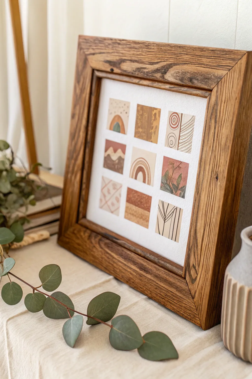 Embrace rustic charm with a cozy canvas collage that warms your space with natural beauty and craftsmanship.