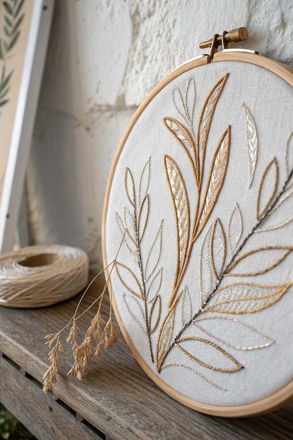 Add a touch of shimmer to your decor with metallic threads in canvas embroidery. Perfect for a minimalist boho vibe!