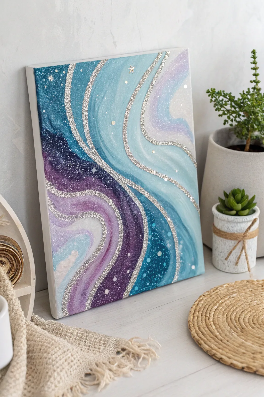 Bring the cosmos into your home with this stunning abstract galaxy glitter art piece. ✨🌌 #MinimalistArt #BohoChic