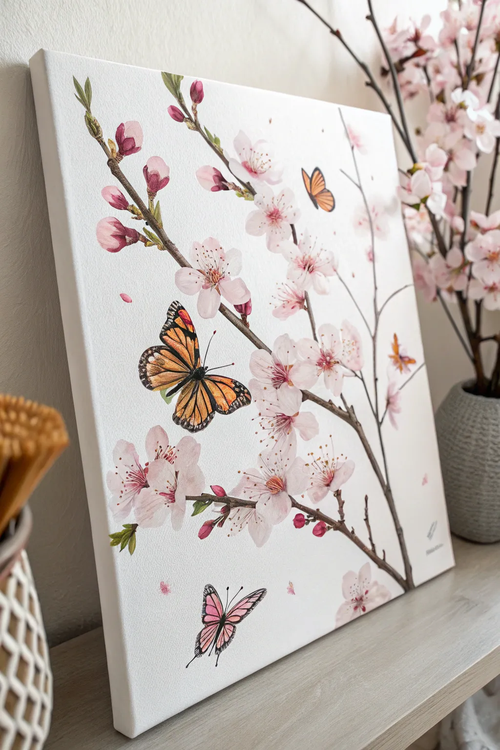 Embrace the whimsy of spring with cherry blossoms and butterflies in serene simplicity.