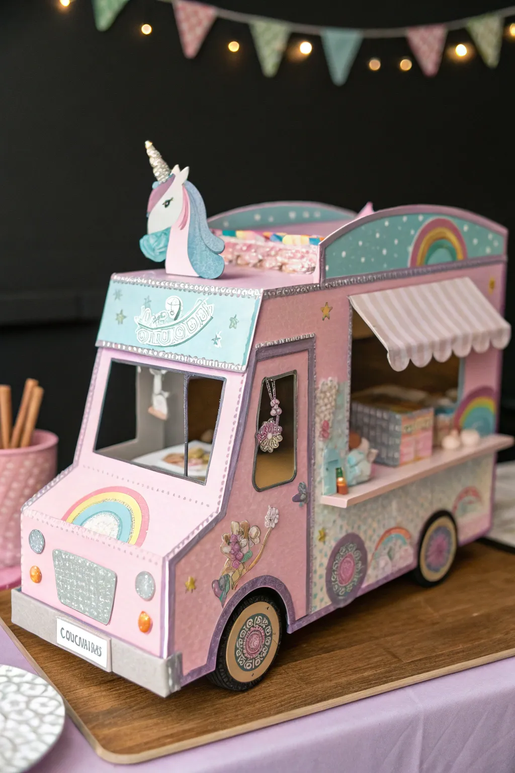 Step into a world of enchantment with this stunning unicorn-themed cardboard food truck, a testament to creativity and craftsmanship.