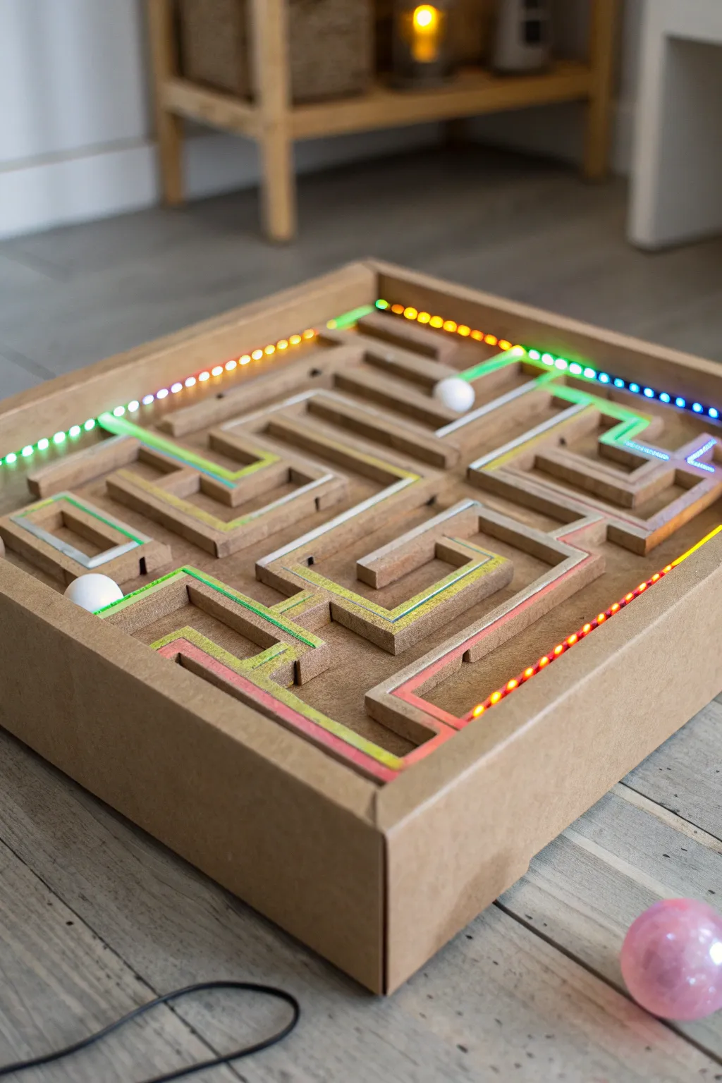 Illuminate your creativity with this glow-in-the-dark cardboard maze, perfect for adding a magical touch to any sleepover!