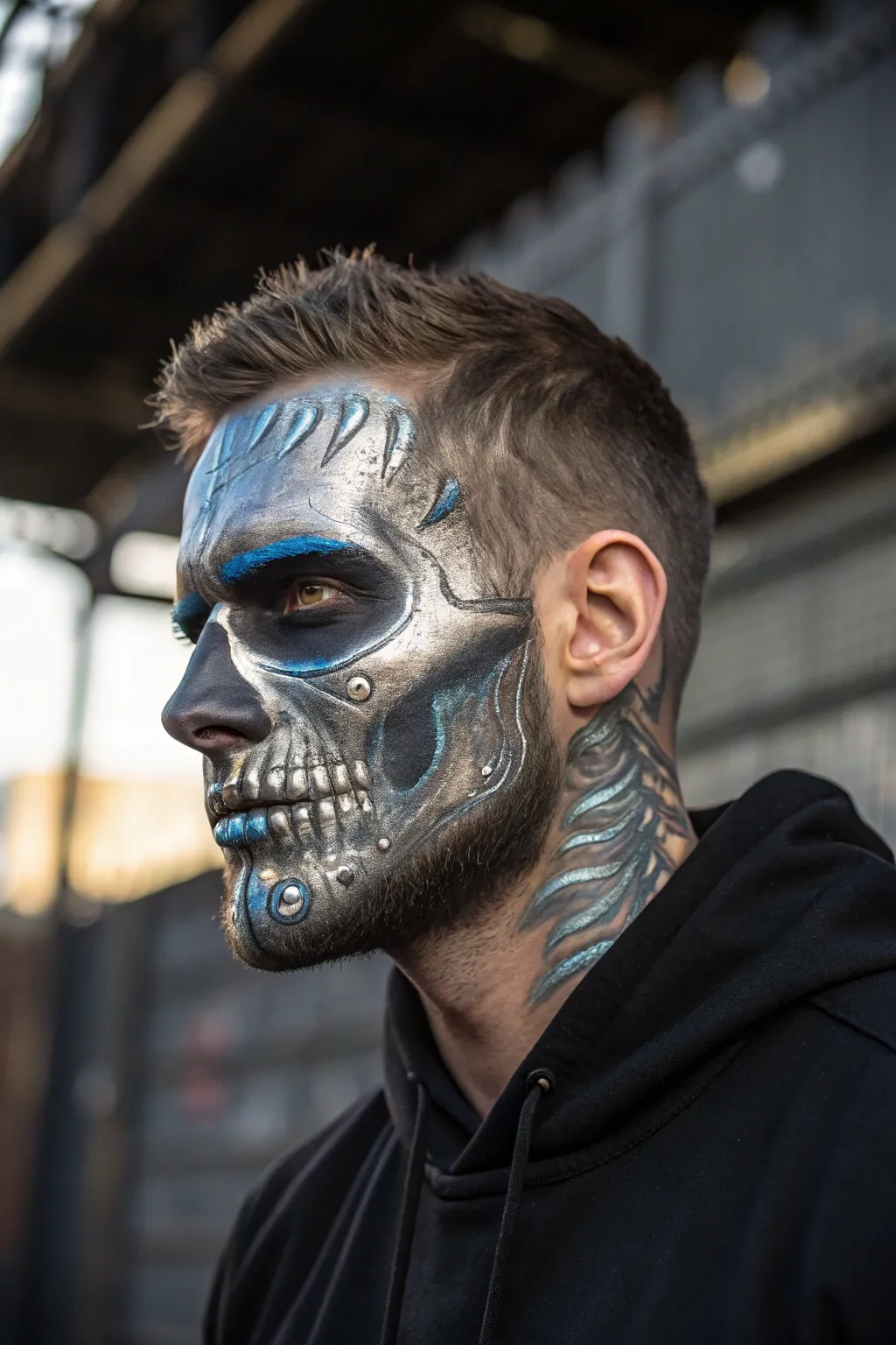 Unleash your inner cyborg with this striking metallic zombie face paint, where craftsmanship meets the future of the undead.