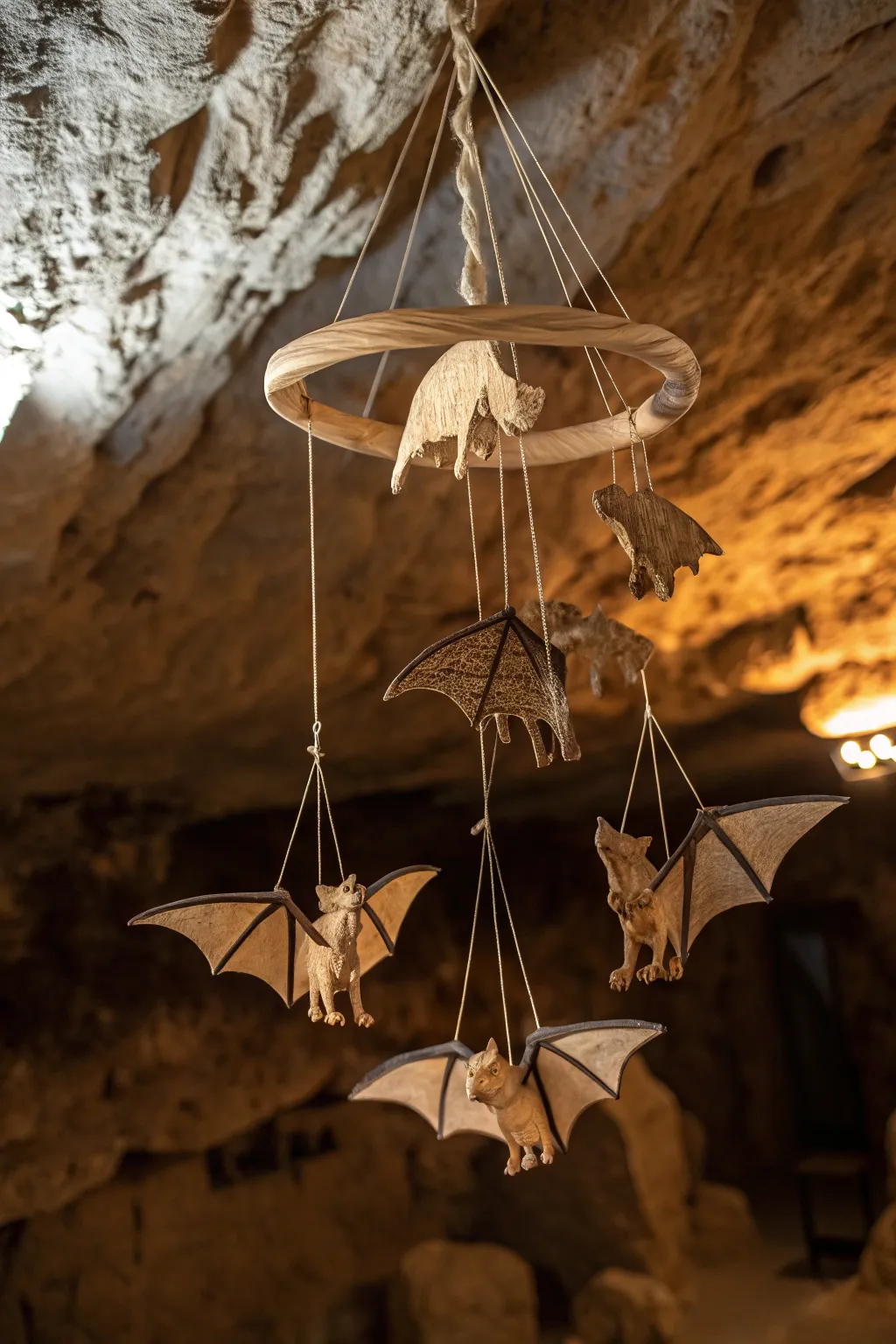 Elevate your cave's ambiance with a handcrafted ceiling mobile that brings prehistoric charm to life.