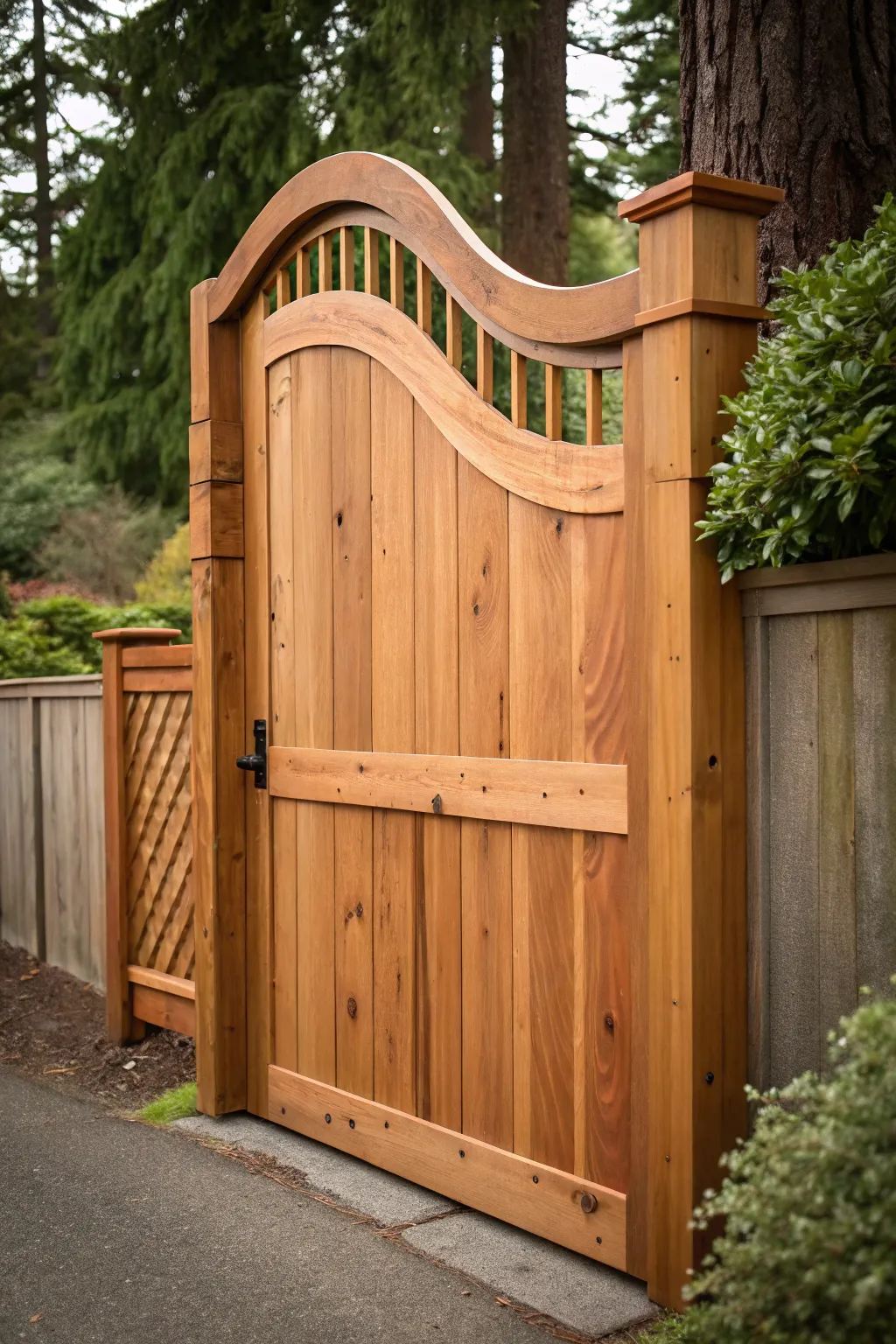 Elegance in Craftsmanship: A Cedar Gate with a Graceful Curve.
