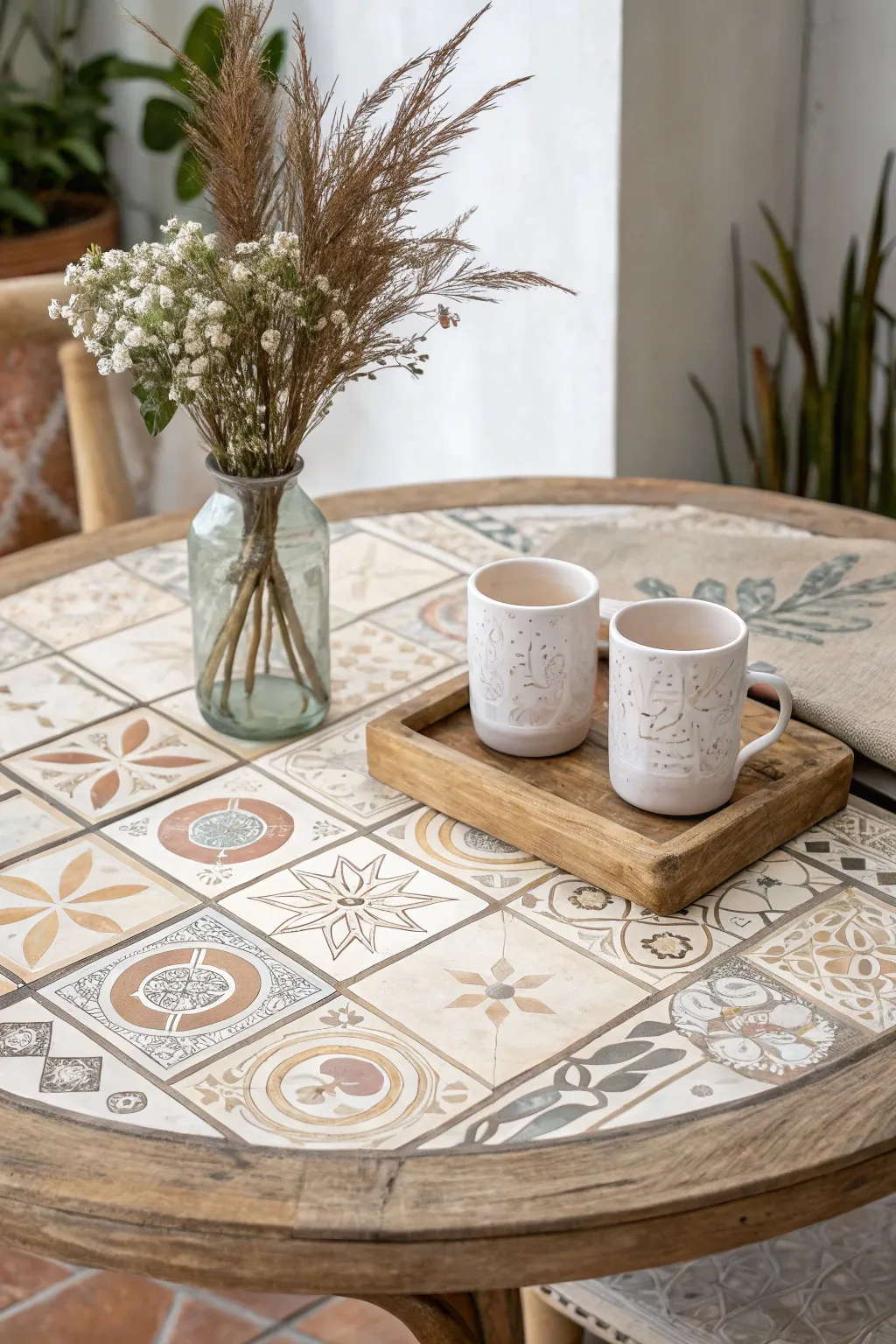 Elevate your space with a touch of Boho elegance: A tiled tabletop masterpiece.