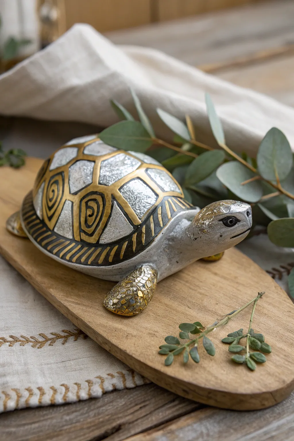 Transform your space with the elegance of metallic accents on a handcrafted ceramic turtle. #ScandiBoho #MetallicElegance