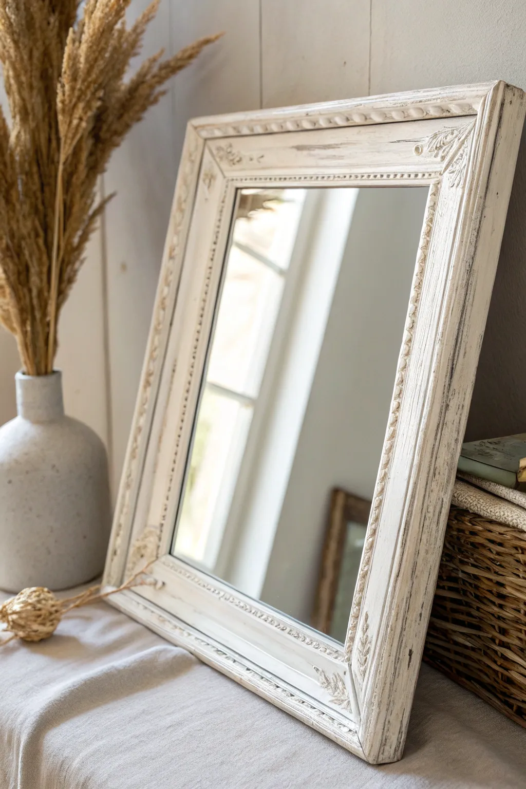 Embrace simplicity with a minimalist white chalk-painted mirror frame, perfect for creating an airy and serene space.