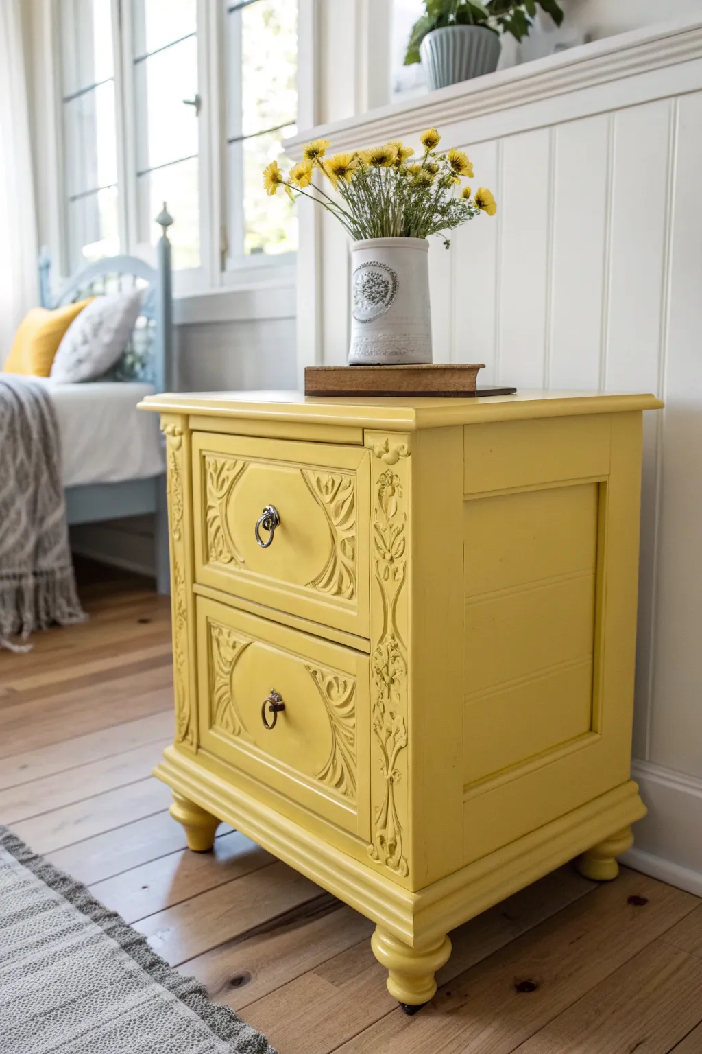 Add a splash of sunshine to your space with this bright and charming yellow nightstand.