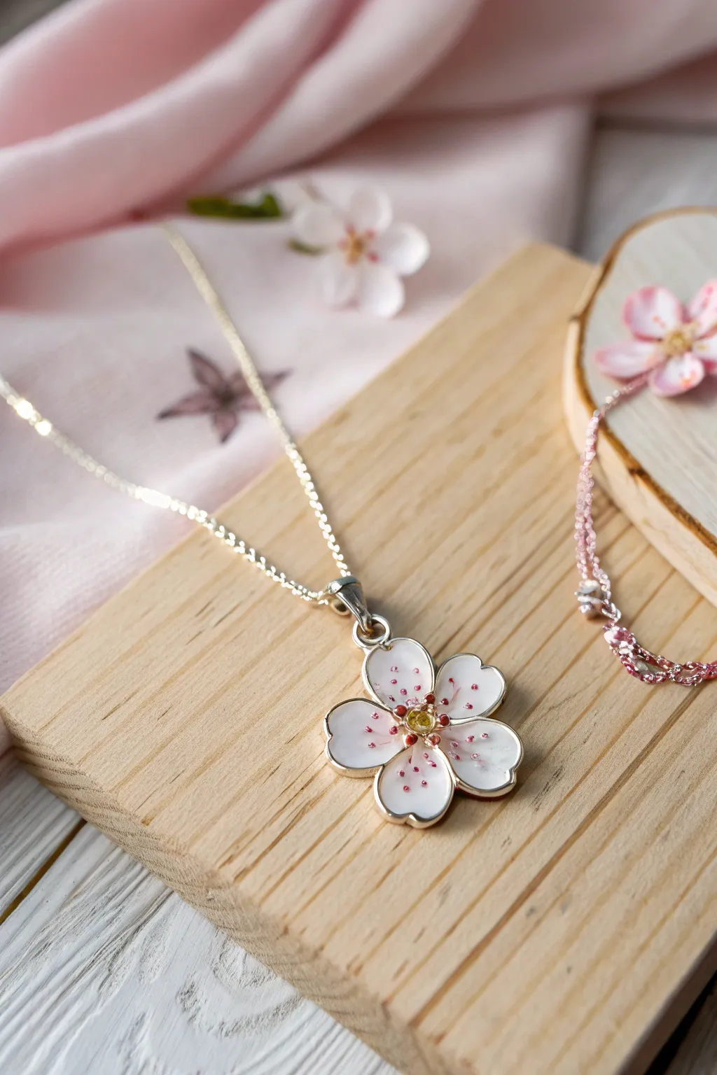 Embrace the essence of spring with this exquisite cherry blossom necklace, a perfect blend of simplicity and elegance.