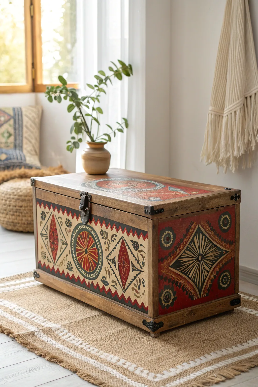 Discover the beauty of cultural motifs with this striking chest, perfect for adding a touch of worldly charm to your minimalist space.