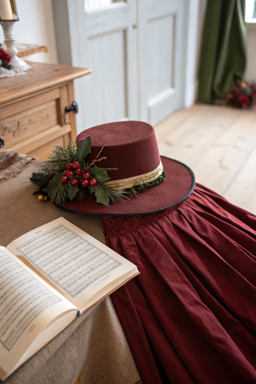 Embrace the elegance of a Christmas caroler with vintage-inspired charm.
