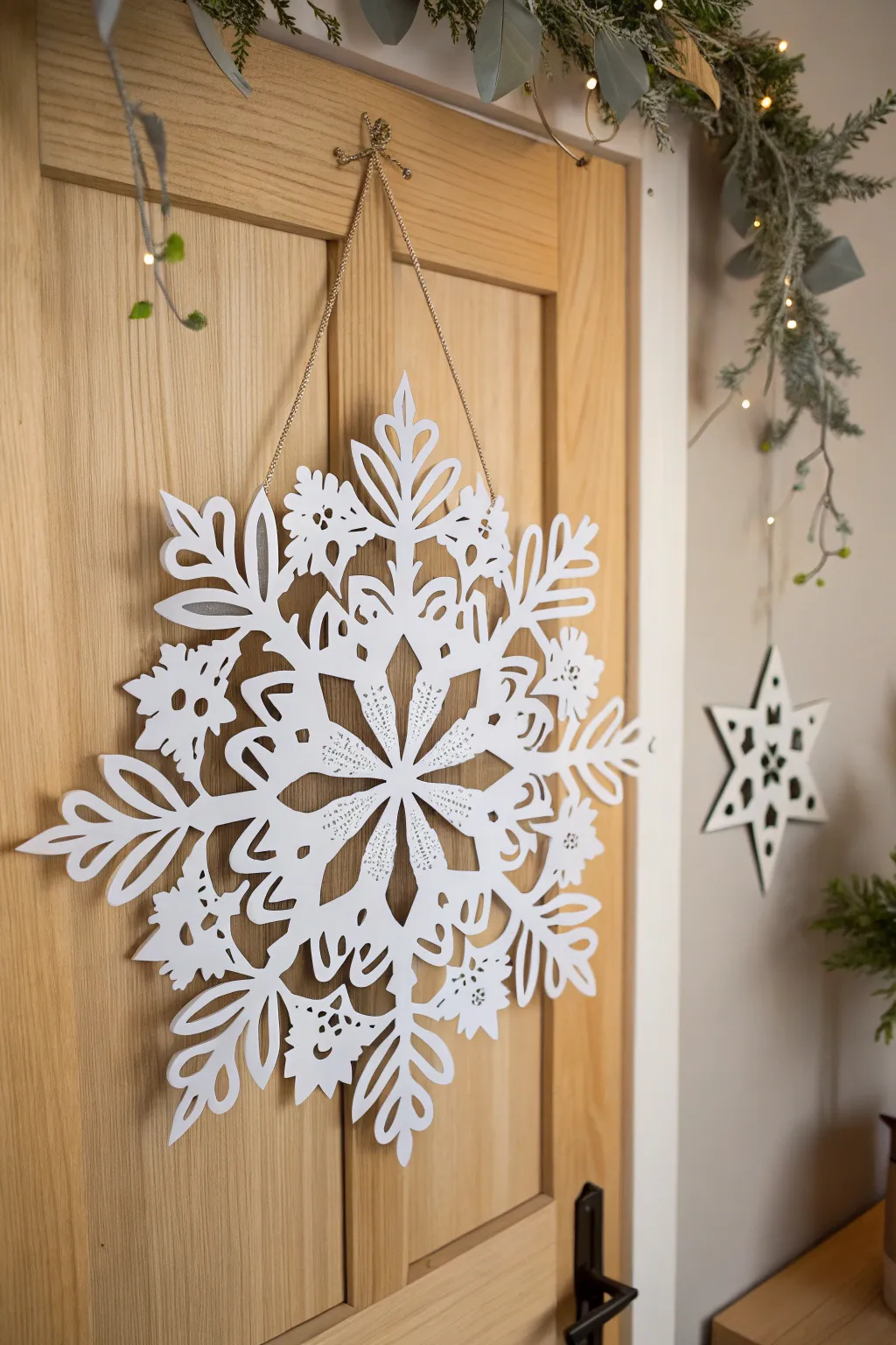 Embrace the magic of winter with exquisite snowflake door decor, a blend of simplicity and elegance.
