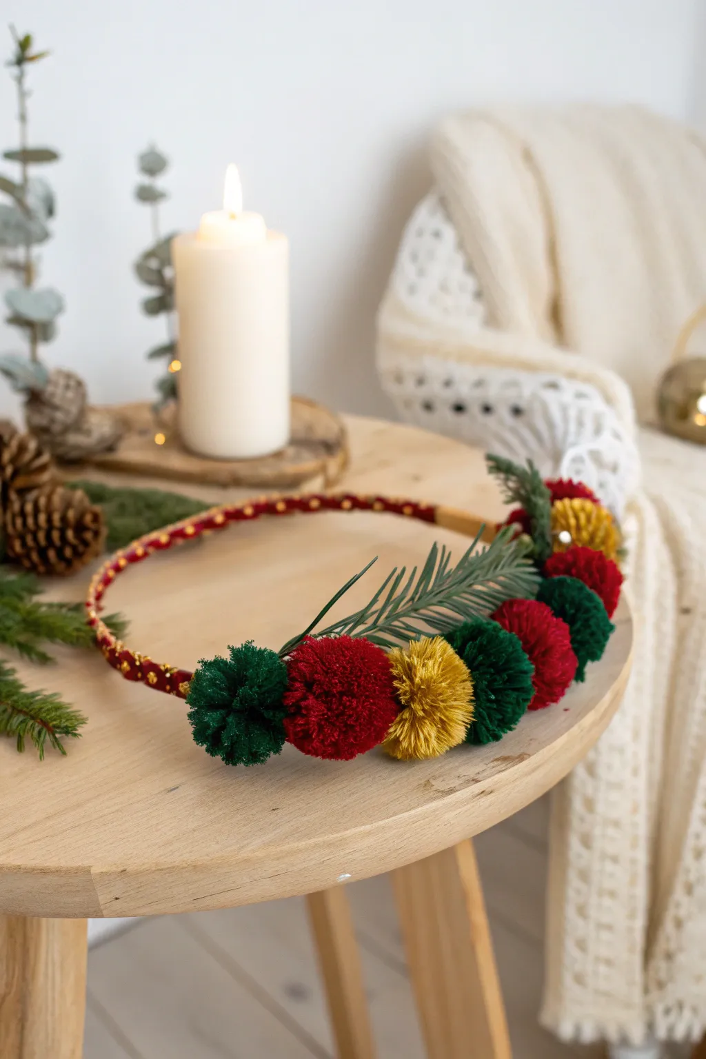 Get into the holiday spirit with a handmade pom pom garland headband, where bold colors meet minimalist elegance!