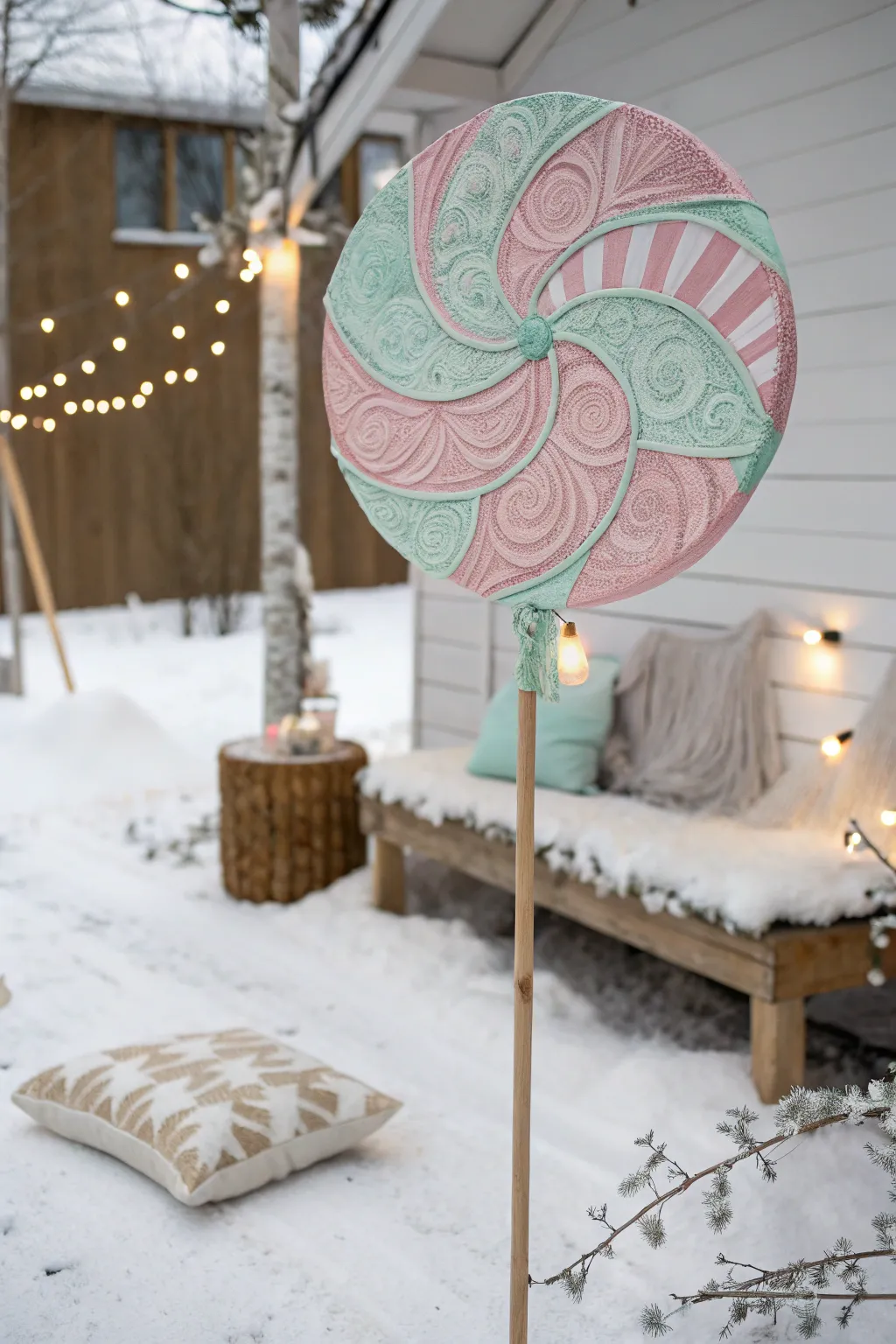 Add a whimsical touch to your holiday decor with a giant paper lollipop that captures the essence of Scandinavian minimalism and boho charm.