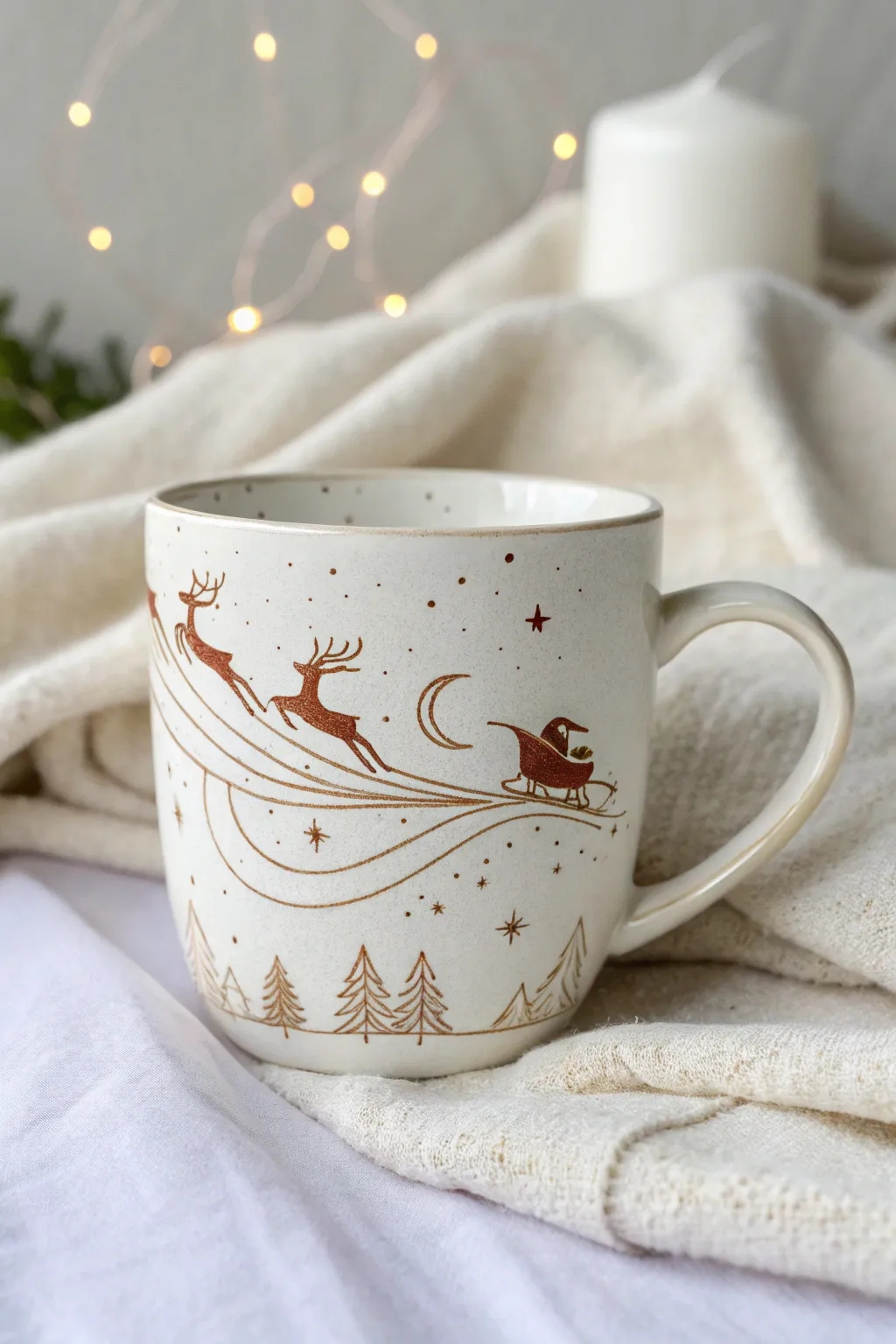 Capture the magic of Christmas Eve with a hand-painted Santa's sleigh mug, combining Scandinavian minimalism and boho charm.