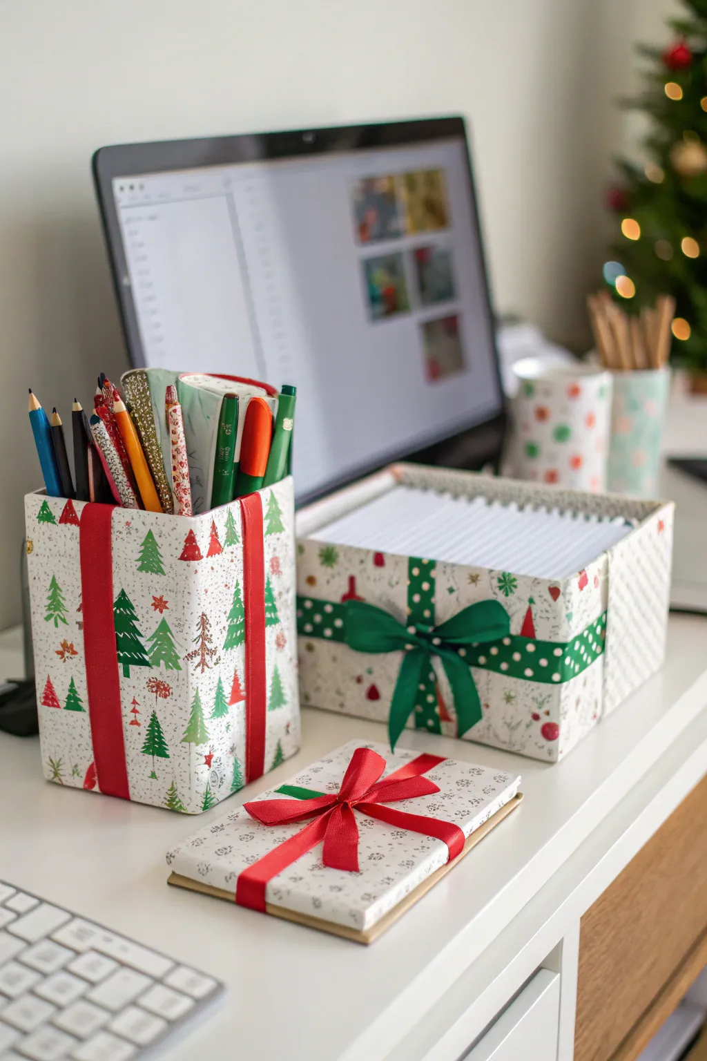 Add festive spirit to your desk with wrapped organisers.