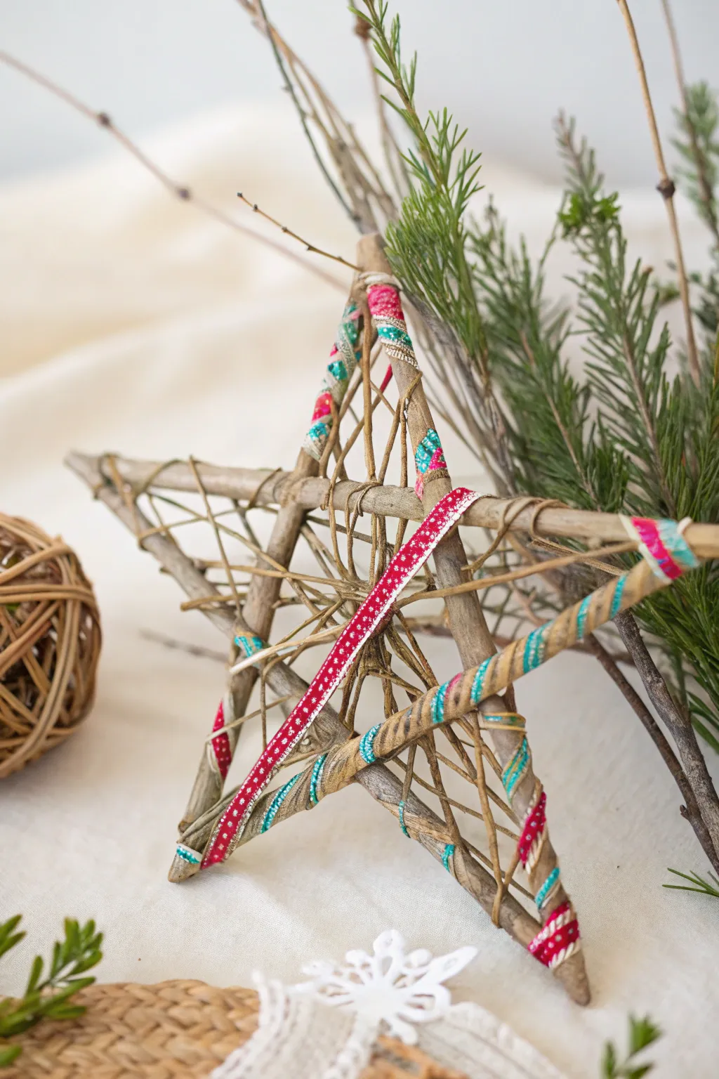 Rustic Elegance: Handcrafted Twig and Washi Tape Star for a Cozy Christmas Vibe.