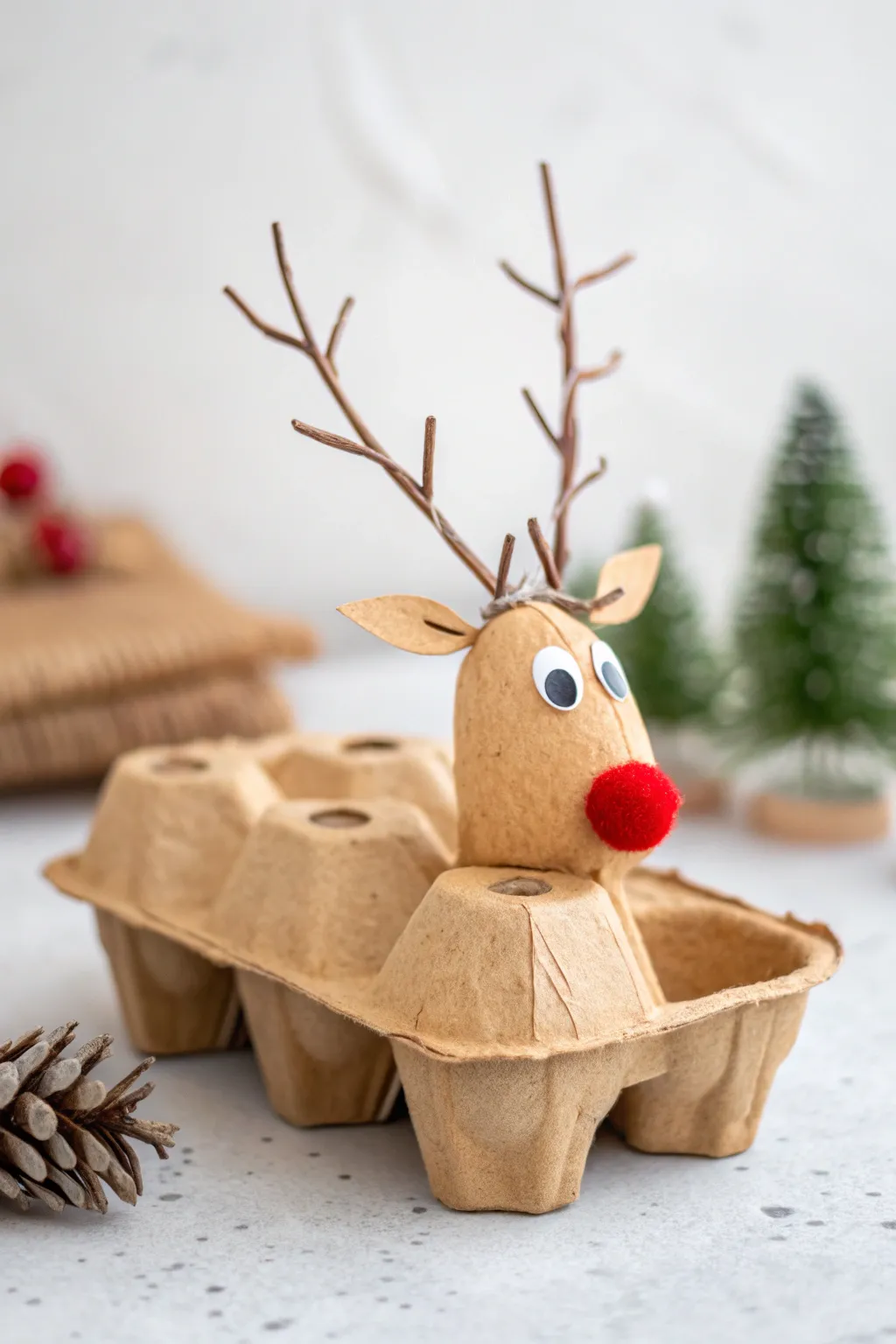Transform everyday materials into whimsical holiday decor with this charming egg carton reindeer!